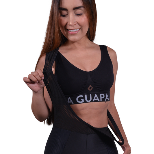 Top deportivo negro para mujer, ajuste suave y elástico para entrenamientos y bicicleta.