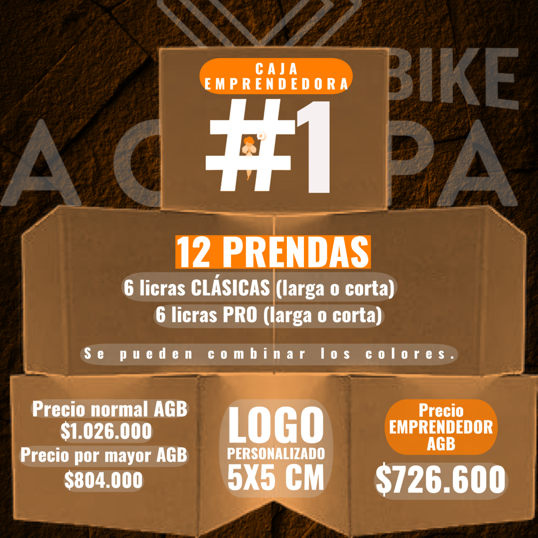 lleva 12 prendas 6 licras de ciclismo linea clasica y 6 licras linea pro combinando colores talla y genero, se hace logo personalizado si se requiere 5x5cm