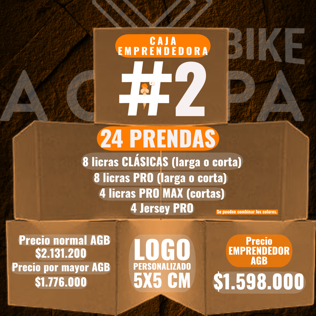 lleva 24 prendas 8 licras linea clasicas, 8 licras linea pro, 4 licras linea pro max, 4 jersey linea pro, logo personalizado 5x5cm incluido