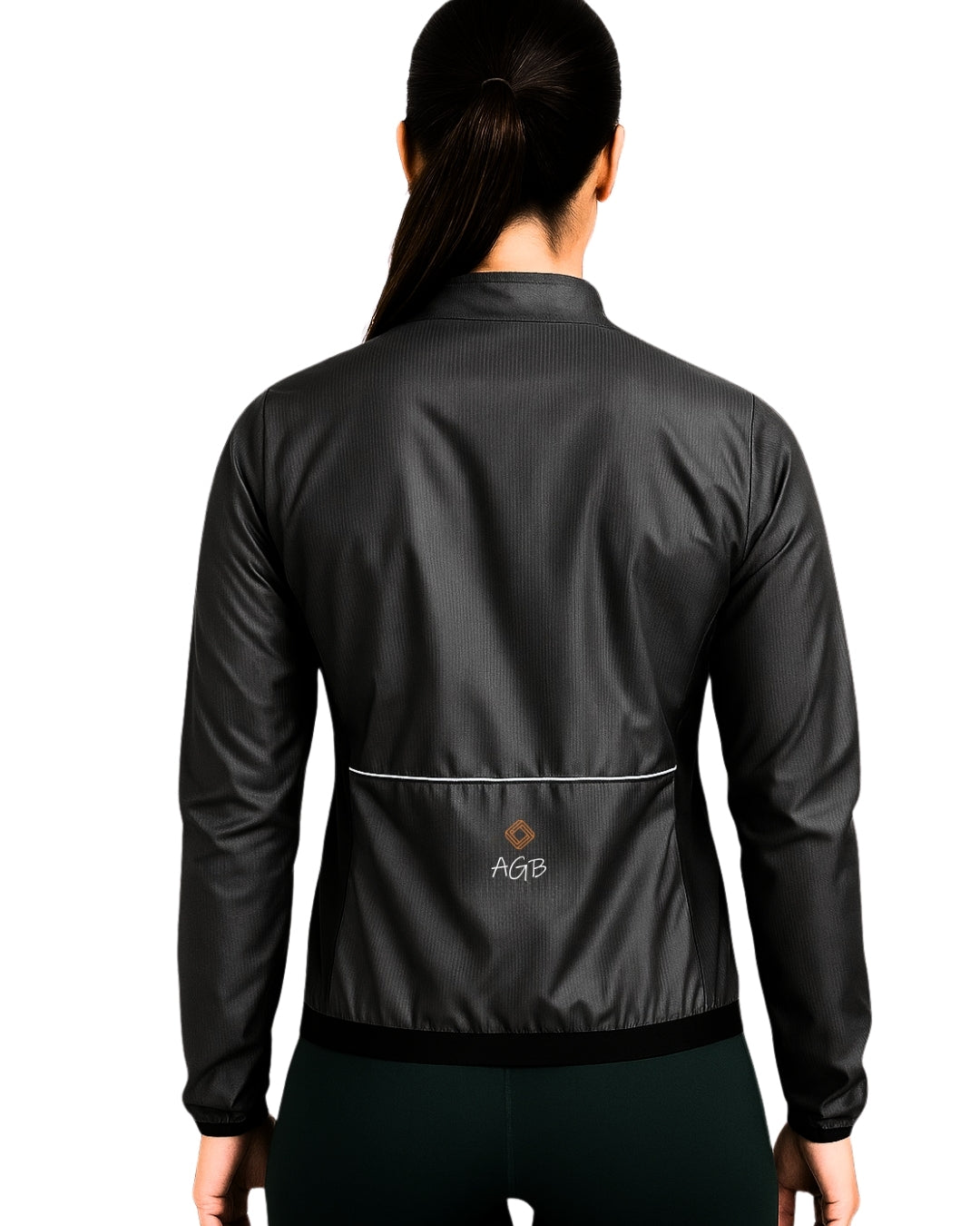 Chaqueta cortavientos e impermeable de ciclismo negra A Guapa Bike: Vista trasera de la chaqueta cortavientos impermeable de hombre Detalle de línea de seguridad trasera reflectiva en la chaqueta de bicicleta