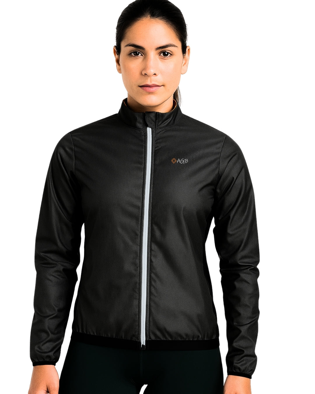 Chaqueta cortavientos e impermeable de ciclismo negra A Guapa Bike: vistas de frente de hombre Detalle de cremallera frontal reflectiva