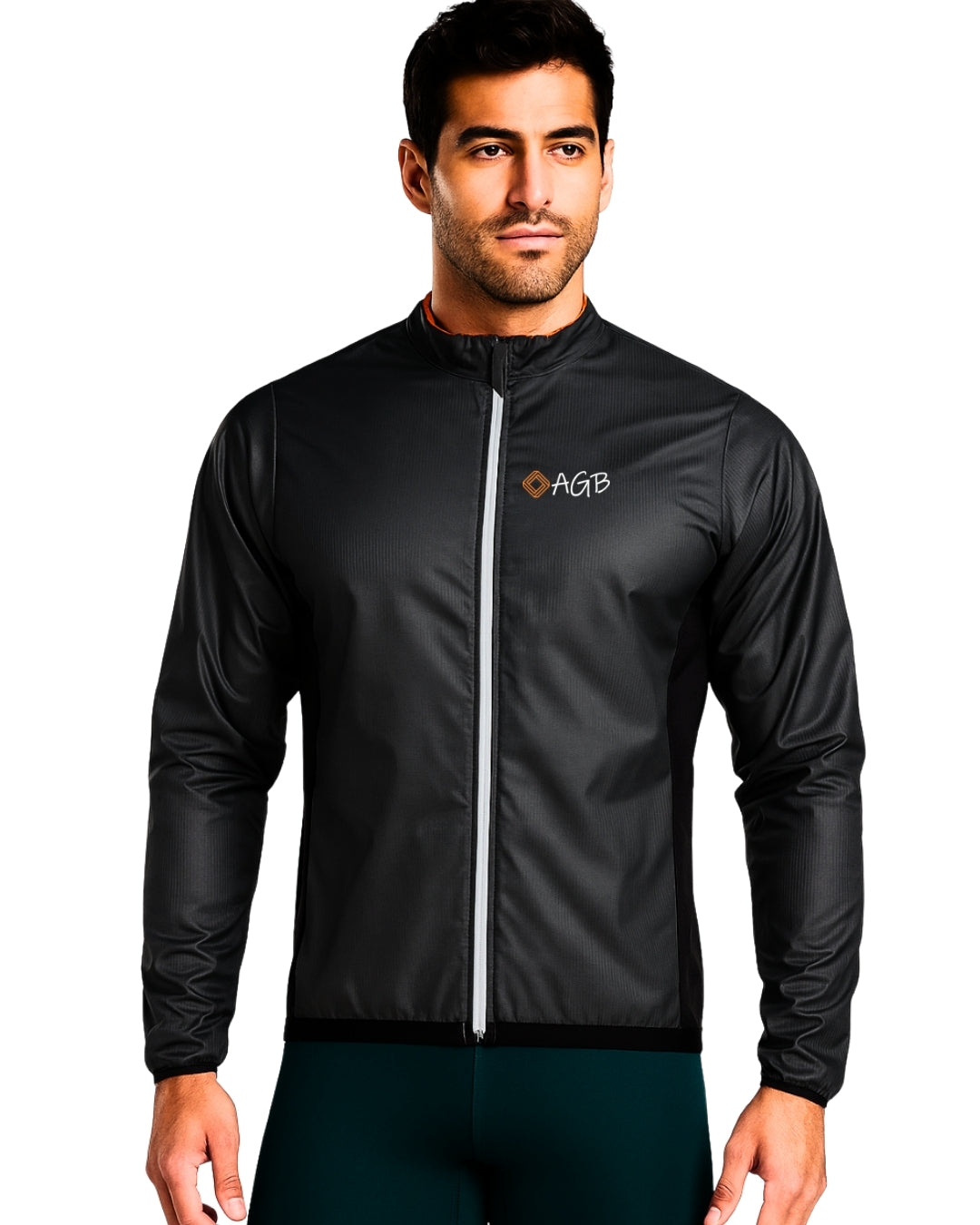 Chaqueta cortavientos e impermeable de ciclismo negra A Guapa Bike: vistas de frente de hombre Detalle de cremallera frontal reflectiva