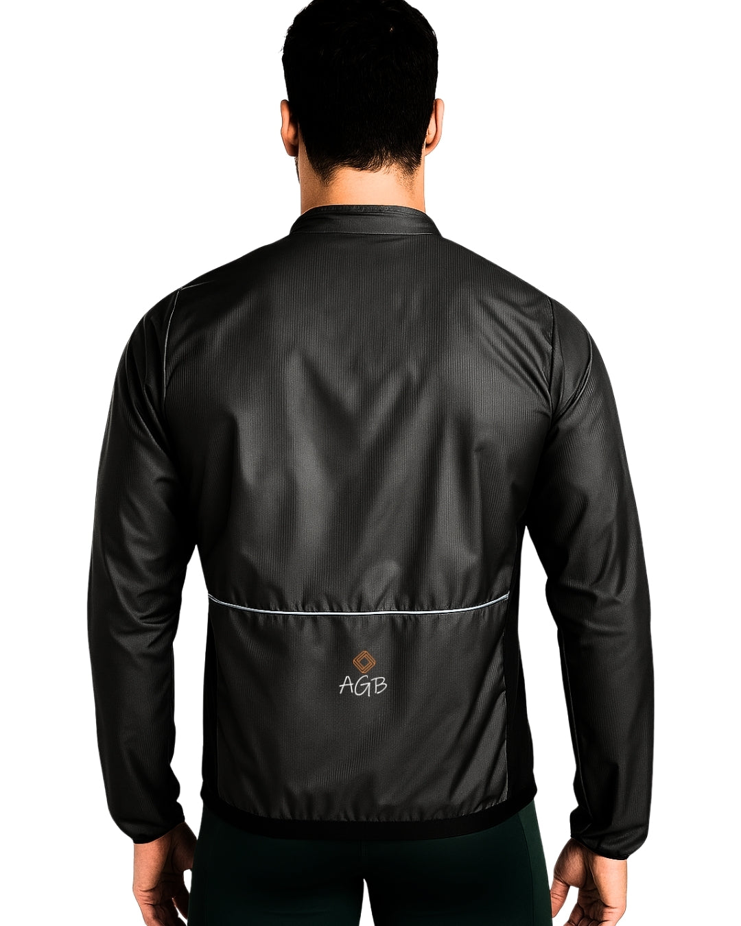 Chaqueta cortavientos e impermeable de ciclismo negra A Guapa Bike: Vista trasera de la chaqueta cortavientos impermeable de hombre Detalle de línea de seguridad trasera reflectiva en la chaqueta de bicicleta