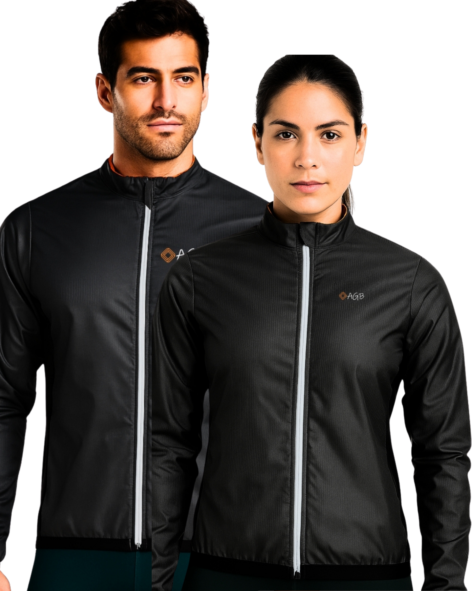 Chaqueta cortavientos e impermeable de ciclismo negra A Guapa Bike: vistas de frente de hombre y mujer, vista frontal de la pareja