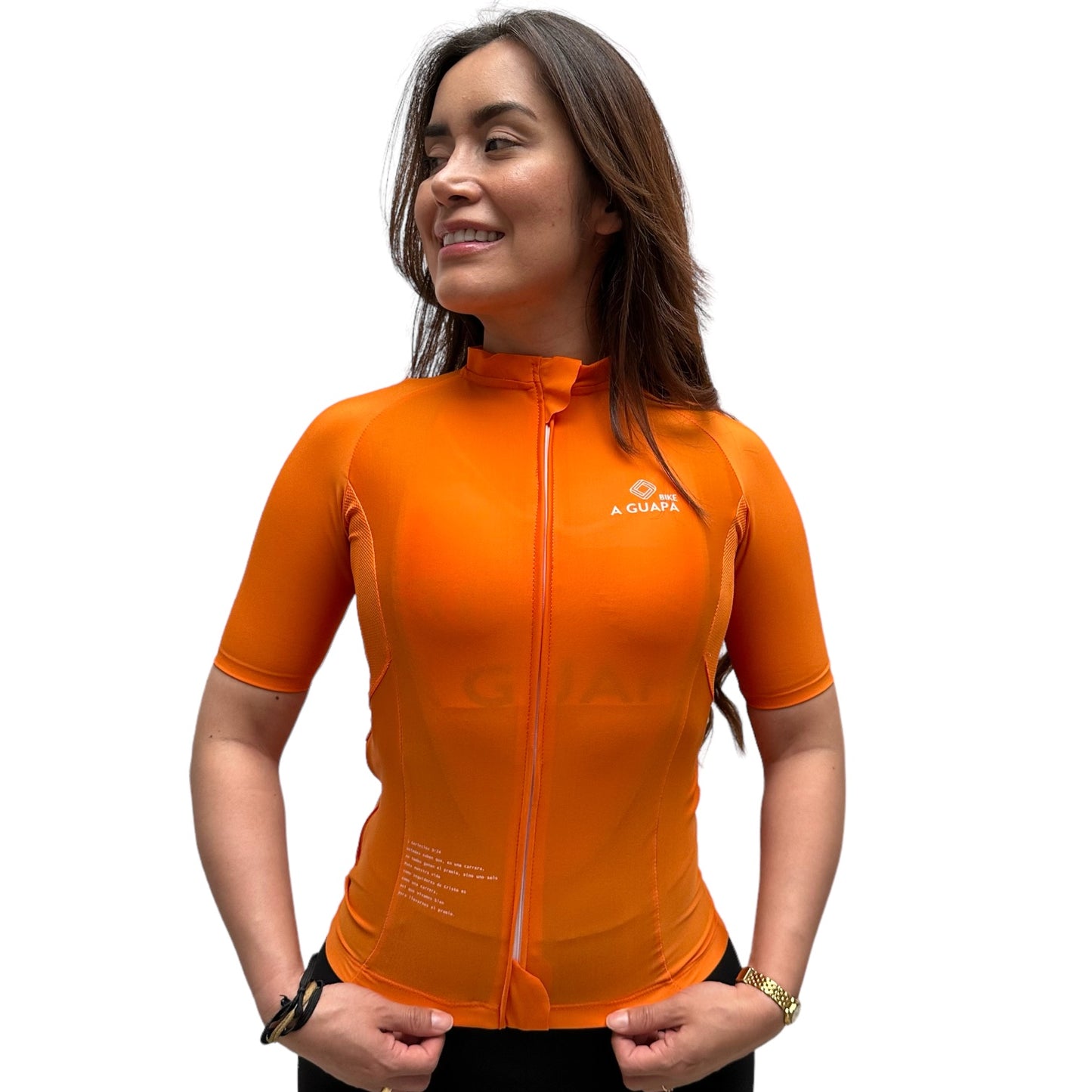 Jersey de ciclismo Lite licrado tono mango para dama vista frontal completa de A Guapa Bike.