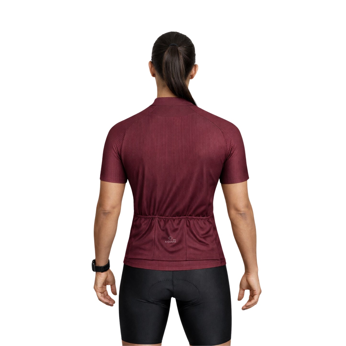 Jersey de ciclismo Pro vino tinto para mujer vista posterior con bolsillos y punto reflectivo de A Guapa Bike.