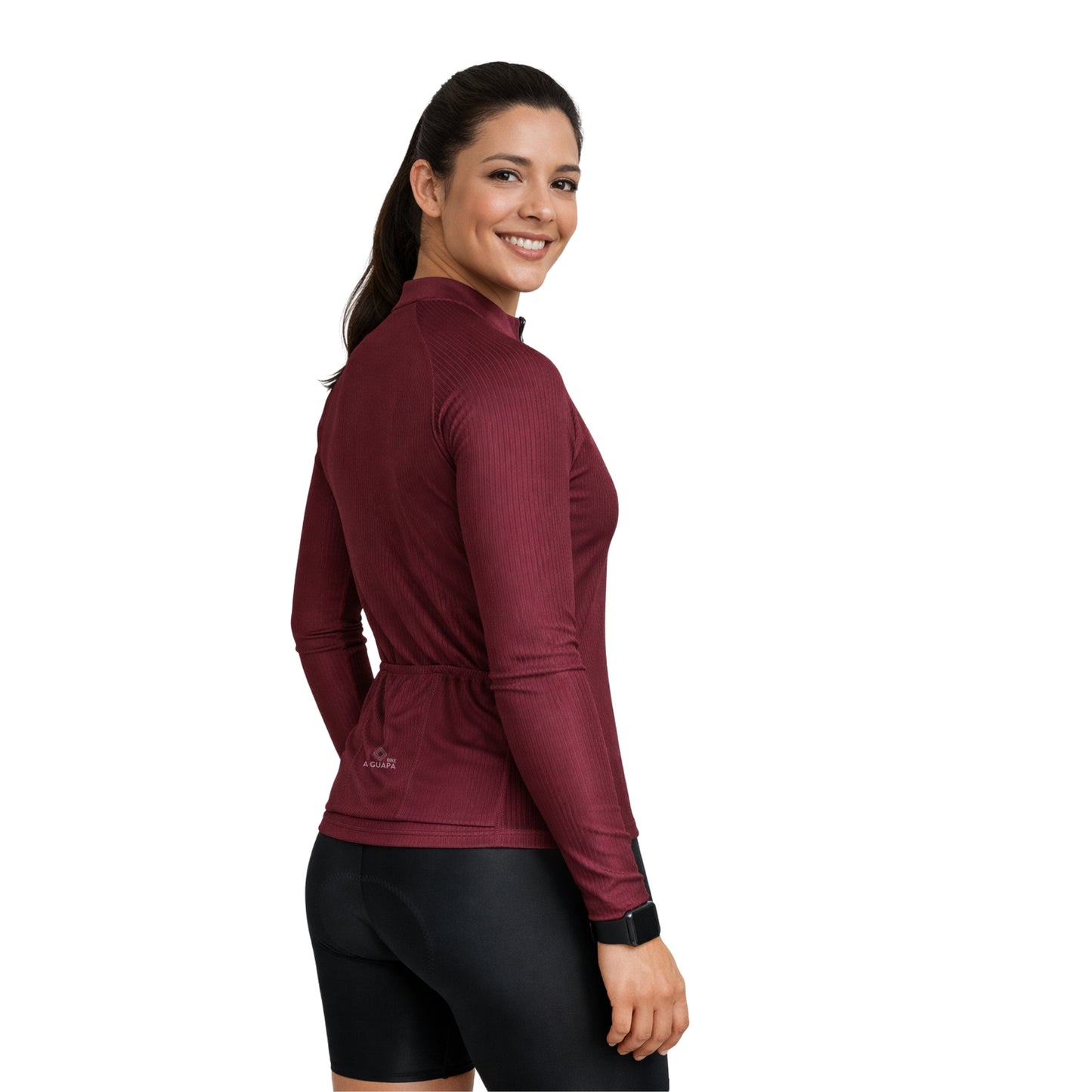 Jersey de ciclismo Pro vino tinto para mujer vista posterior con bolsillos y punto reflectivo de A Guapa Bike.