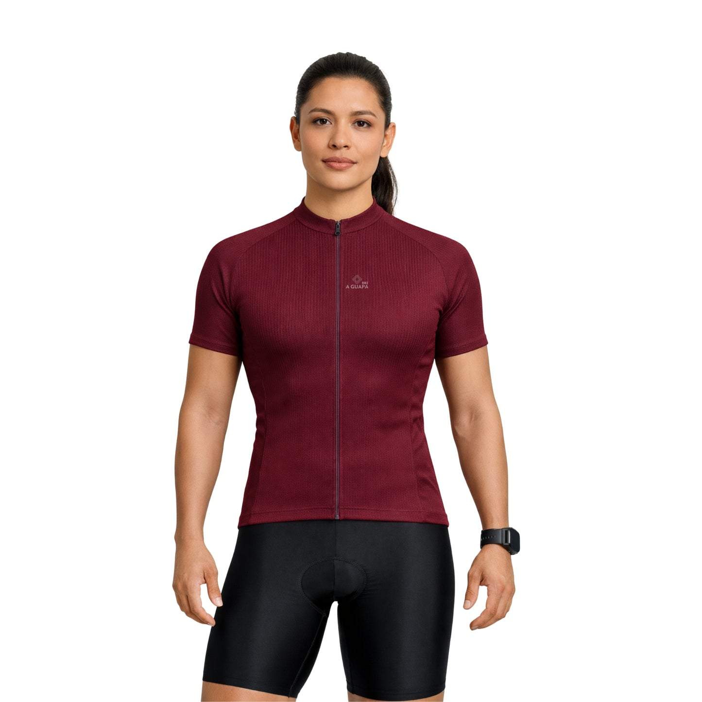 Jersey de ciclismo Pro vino tinto para dama vista frontal completa con cremallera de A Guapa Bike.