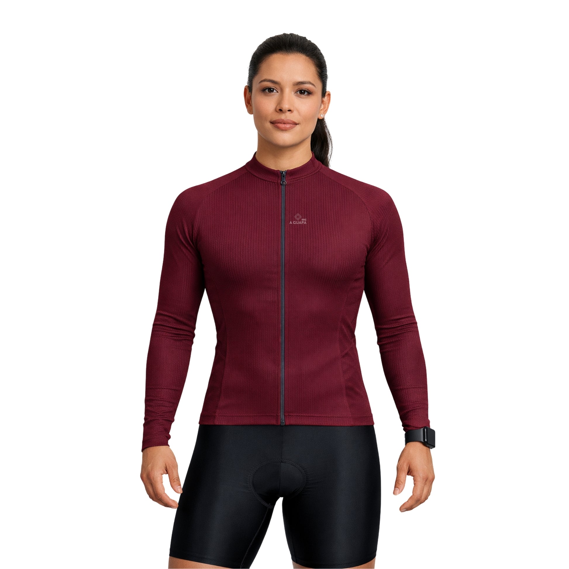 Jersey de ciclismo Pro vino tinto para dama vista frontal completa con cremallera de A Guapa Bike.