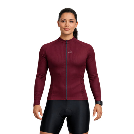 Jersey de ciclismo Pro vino tinto para dama vista frontal completa con cremallera de A Guapa Bike.