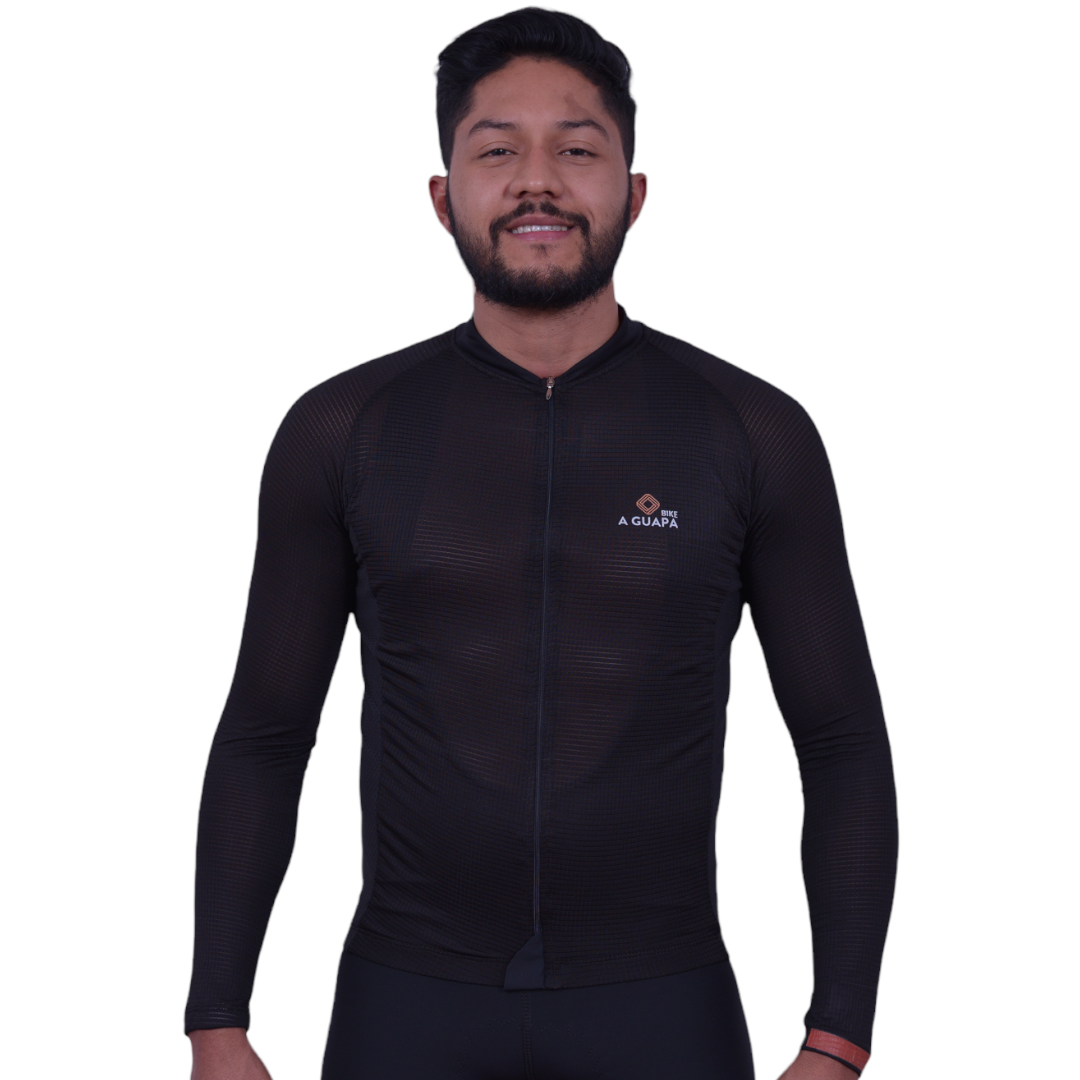 Jersey de ciclismo Pro negro para hombre vista frontal completa con cremallera de A Guapa Bike.