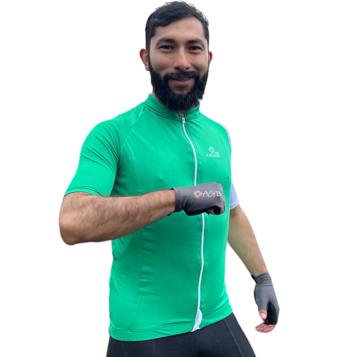 Jersey de ciclismo Pro verde eco para hombre vista frontal completa con cremallera de A Guapa Bike.