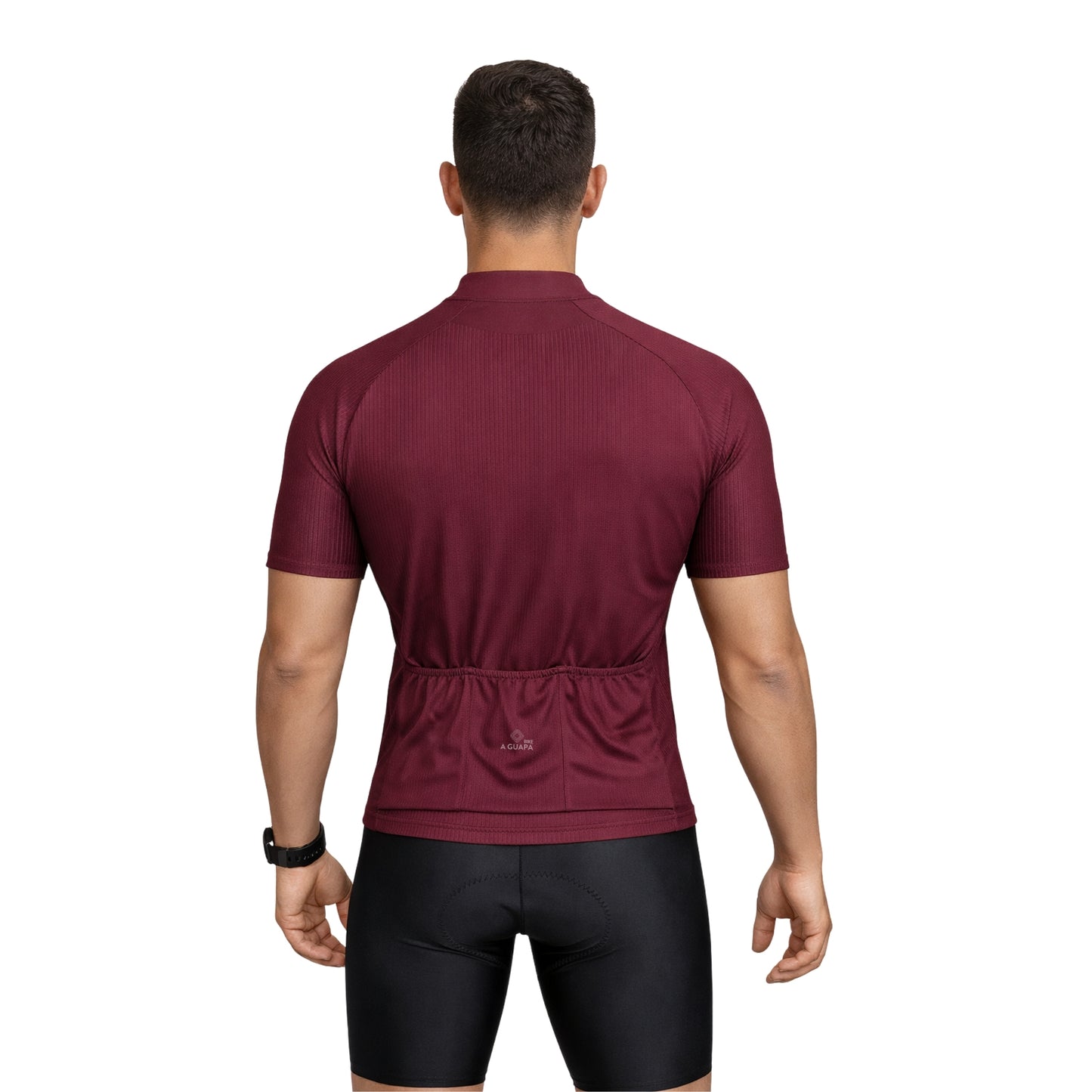 Jersey de ciclismo Pro vino tinto para hombre vista posterior con bolsillos y punto reflectivo de A Guapa Bike.