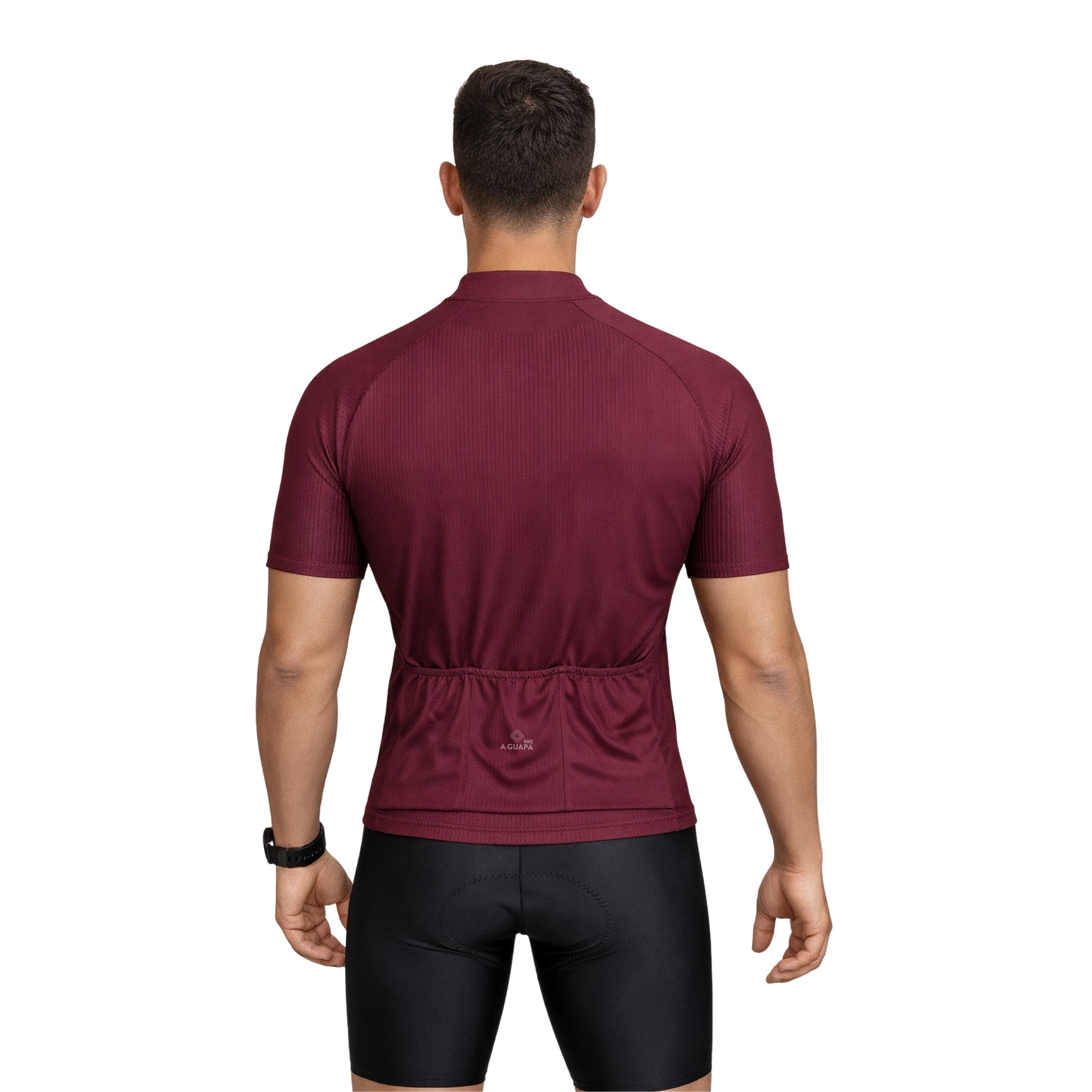 Jersey de ciclismo Pro vino tinto para hombre vista posterior con bolsillos y punto reflectivo de A Guapa Bike.