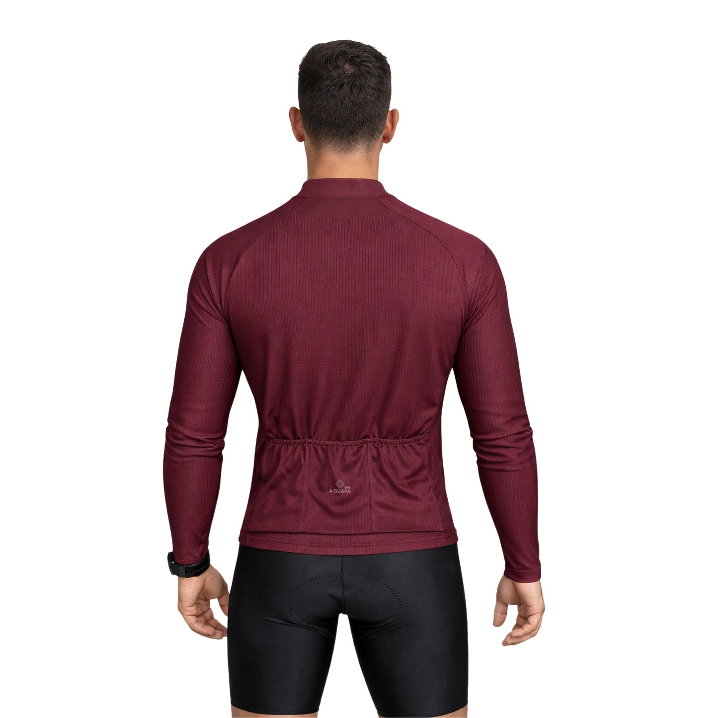 Jersey de ciclismo Pro vino tinto para hombre vista posterior con bolsillos y punto reflectivo de A Guapa Bike.