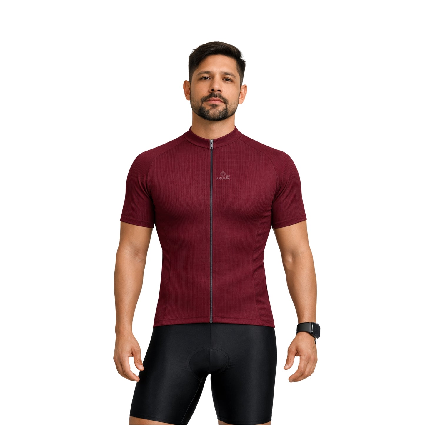 Jersey de ciclismo Pro vino tinto para hombre vista frontal completa con cremallera de A Guapa Bike.