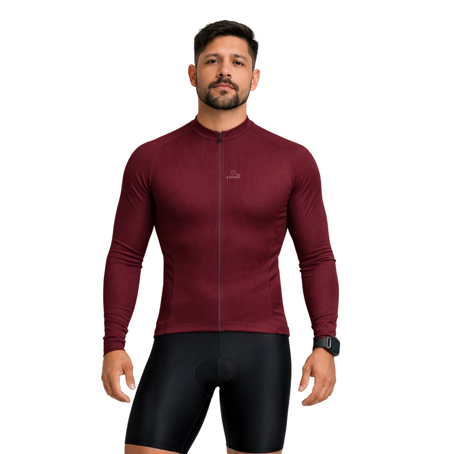 Jersey de ciclismo Pro vino tinto para hombre vista frontal completa con cremallera de A Guapa Bike.