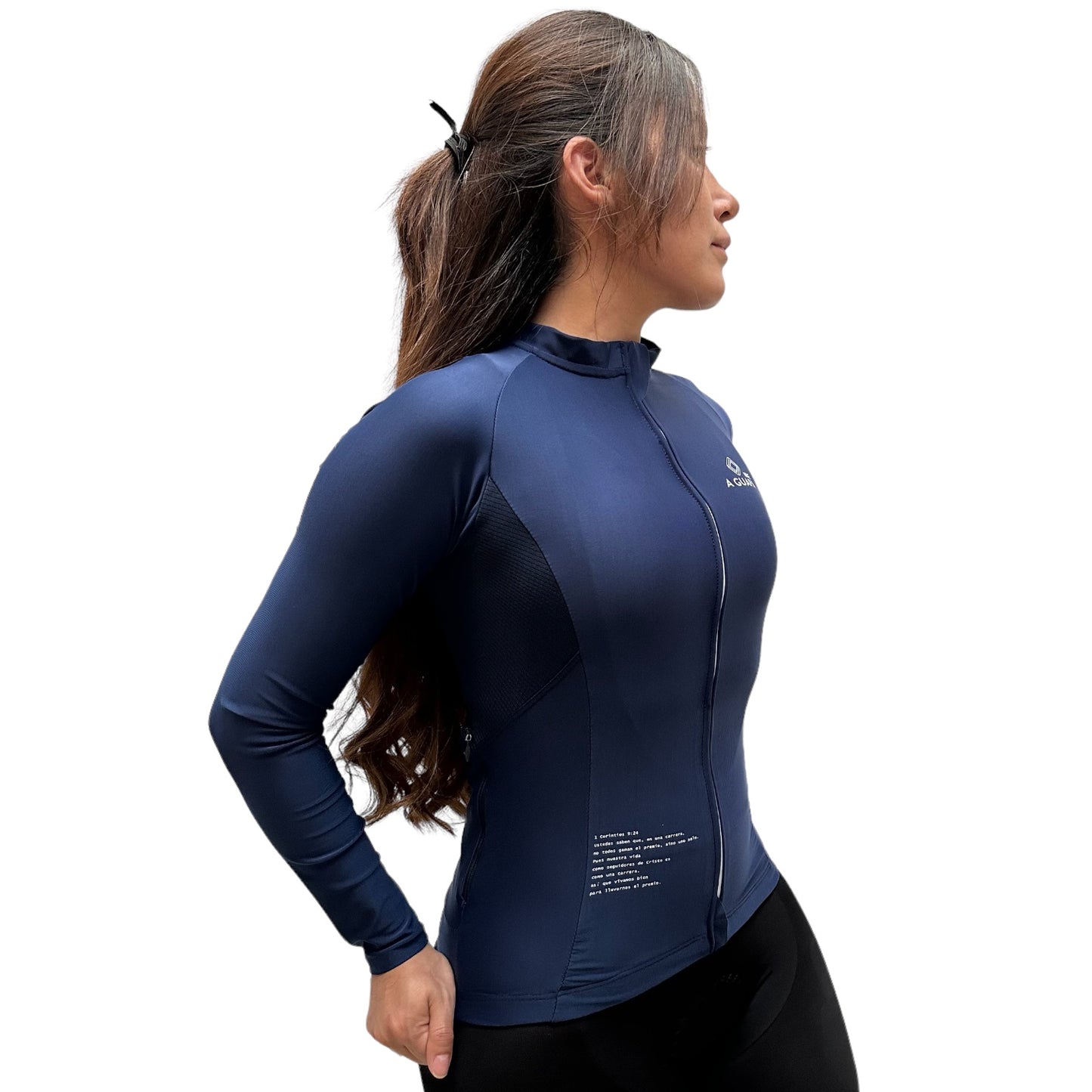 Jersey de ciclismo Pro Lite licrado azul oscuro para dama vista frontal completa de A Guapa Bike.