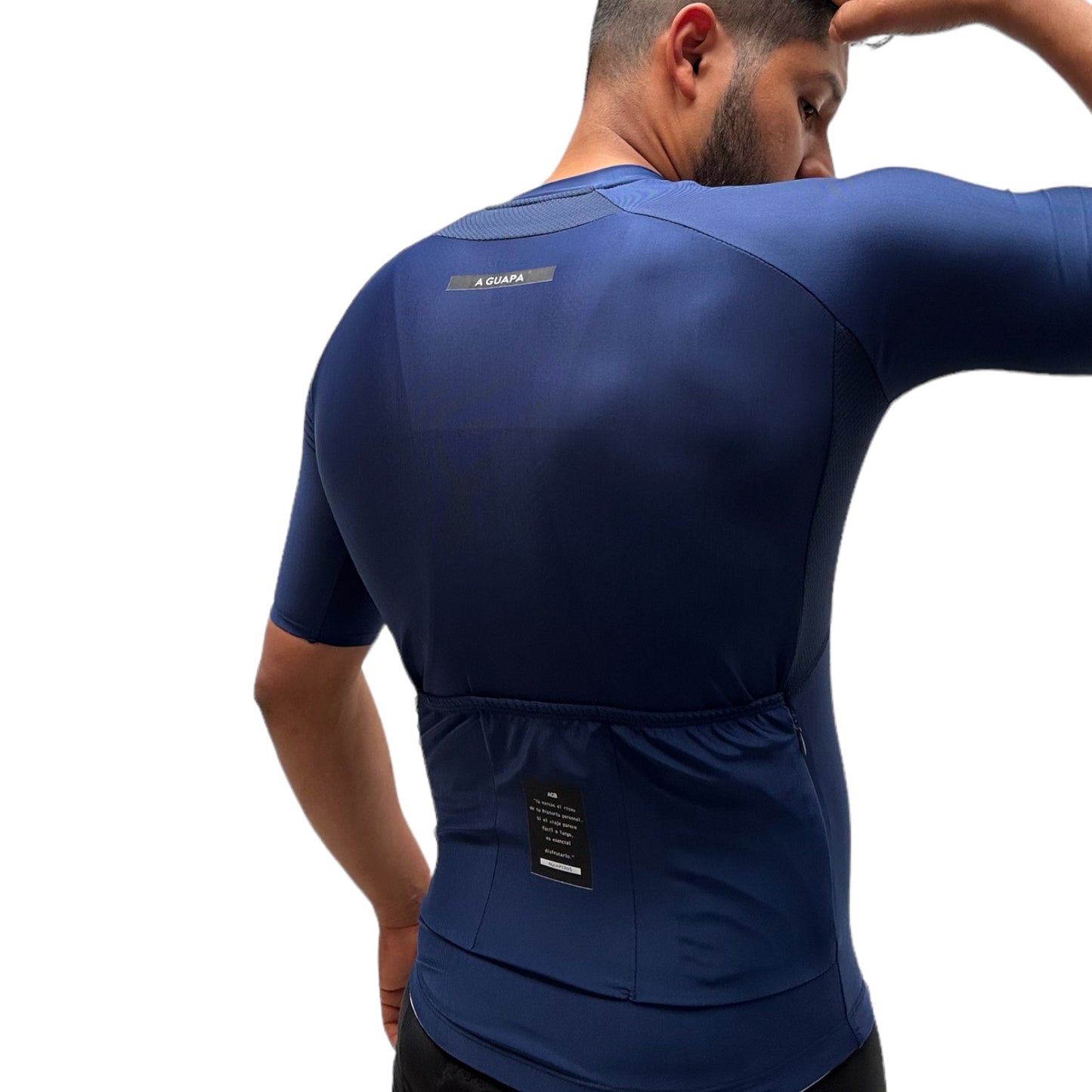 Vista posterior del jersey de ciclismo Pro Lite hombre azul oscuro mostrando los bolsillos.