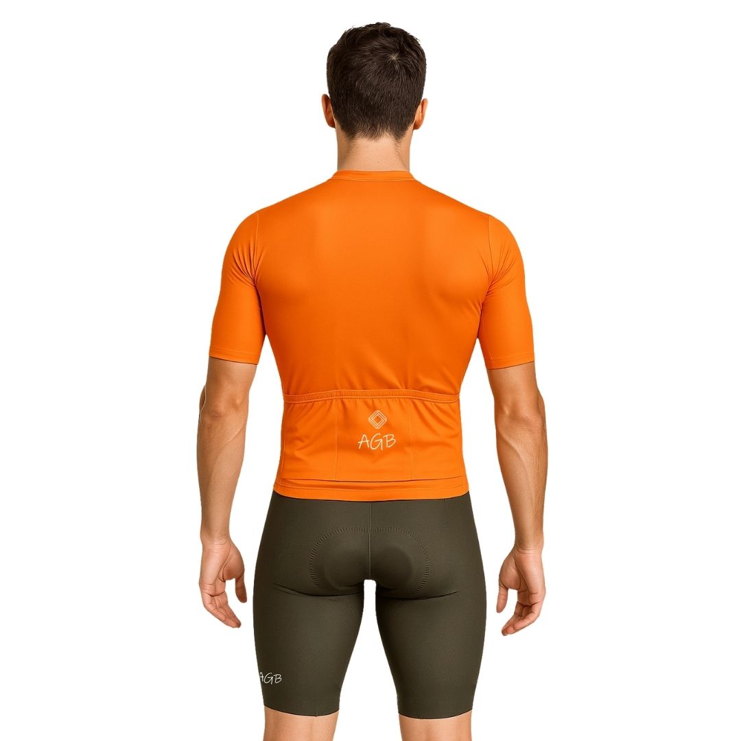 Vista trasera del conjunto de ciclismo para hombre verde destello y naranja de A Guapa Bike
