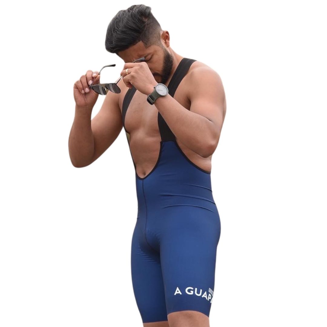 Licra corta de ciclismo para hombre sin costuras azul oscuro Pro Max de perfil con logo