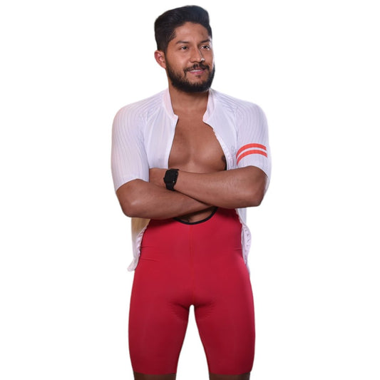 Licra corta de ciclismo para hombre sin costuras roja Pro Max de frente con jersey blanco