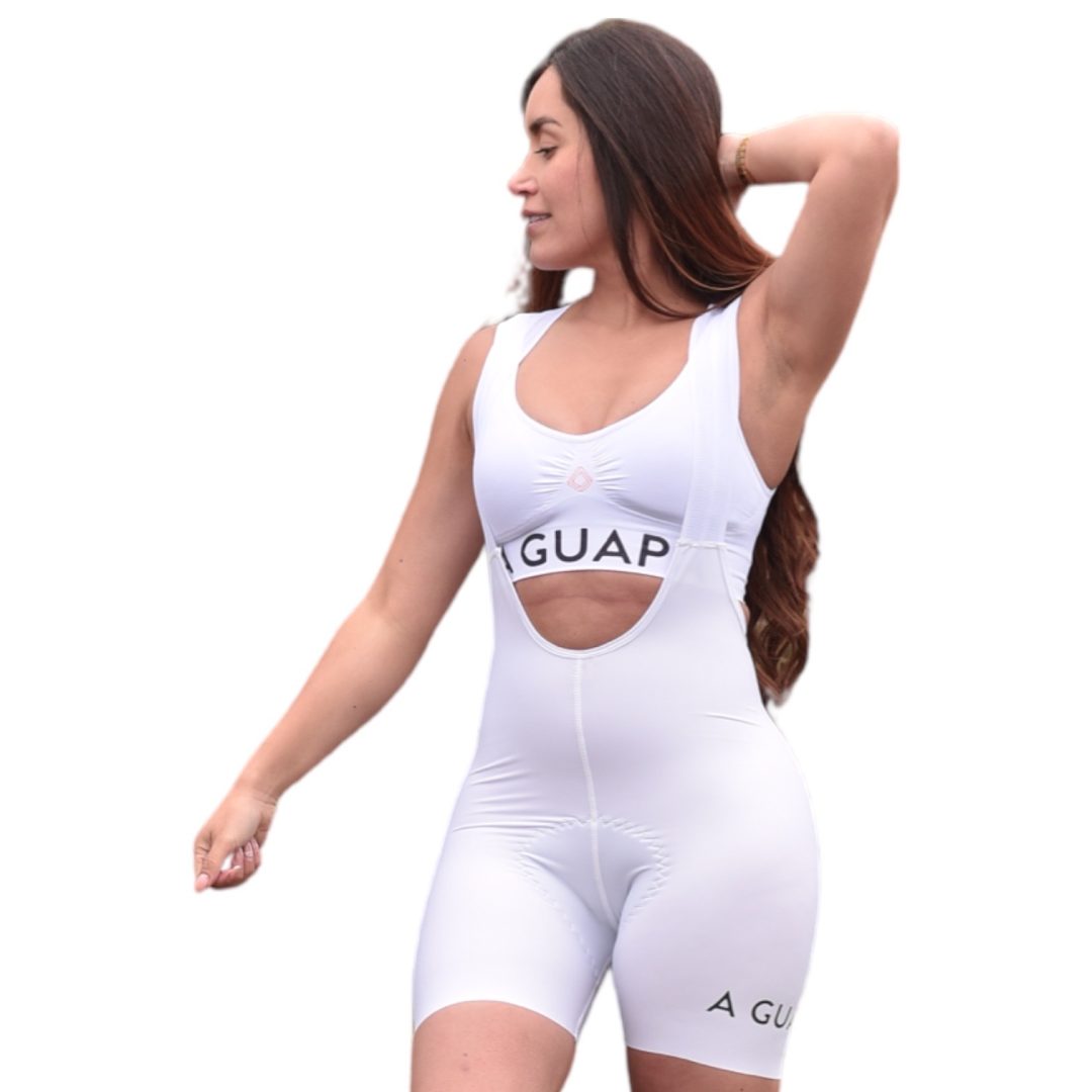 Licra corta de ciclismo para mujer blanca premium Pro Max que no transparenta con tirantes
