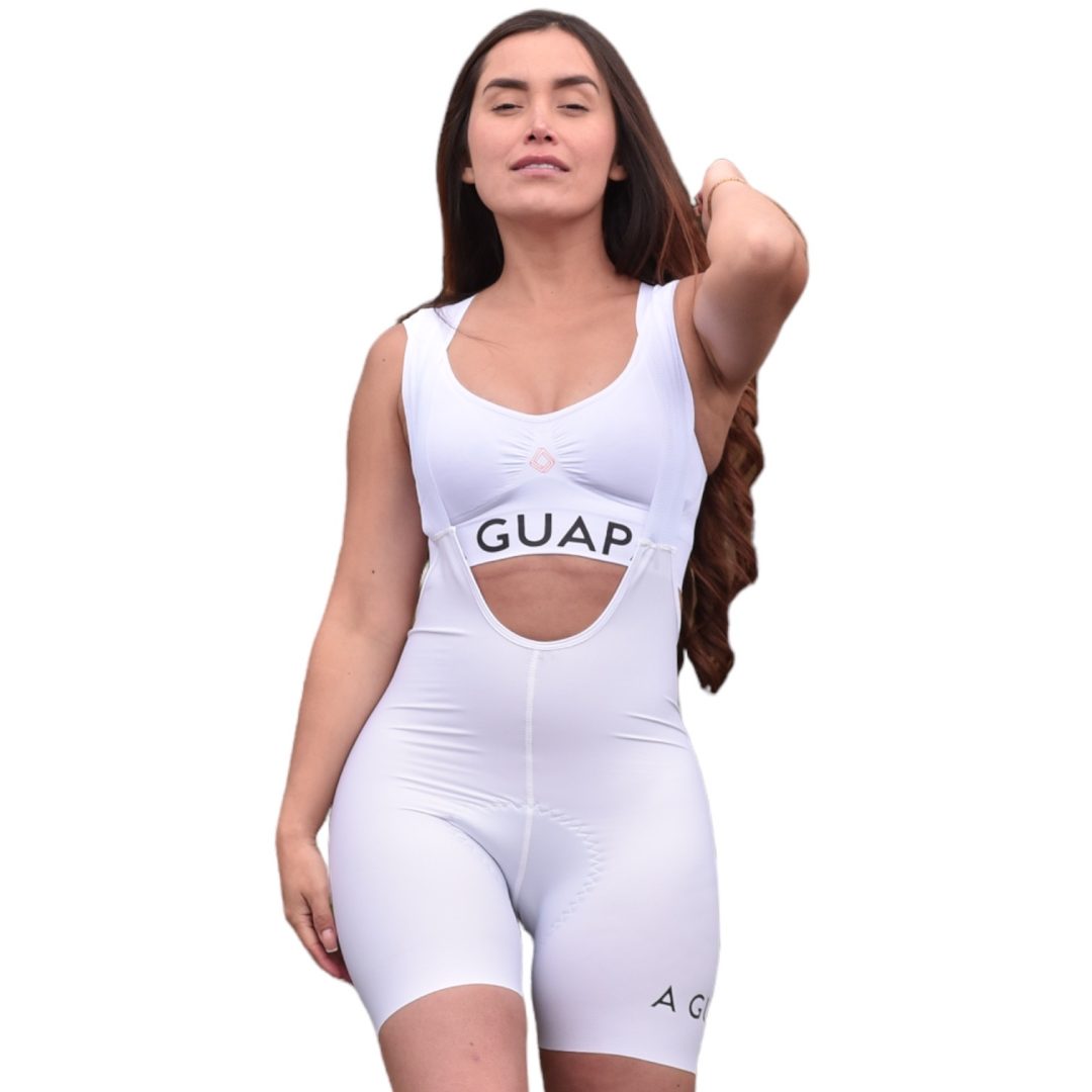 Licra corta de ciclismo para mujer blanca premium Pro Max que no transparenta con tirantes