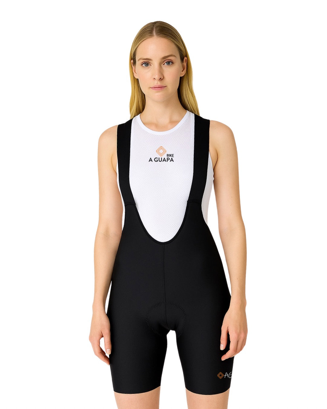Licra corta de ciclismo para mujer sin costuras negra Pro Max de frente con fondo blanco