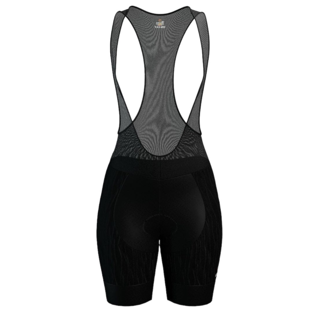 Licra corta de ciclismo negra para mujer de la línea Pro vista frontal con tirantes de malla de A Guapa Bike.