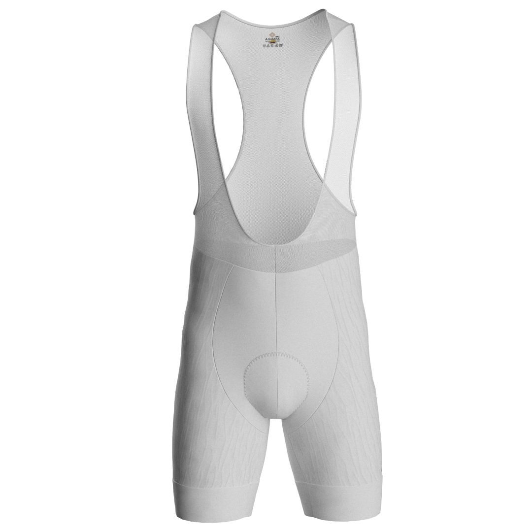Licra corta de ciclismo blanca para hombre de la línea Pro vista frontal con tirantes de malla y tejido de alta opacidad de A Guapa Bike.