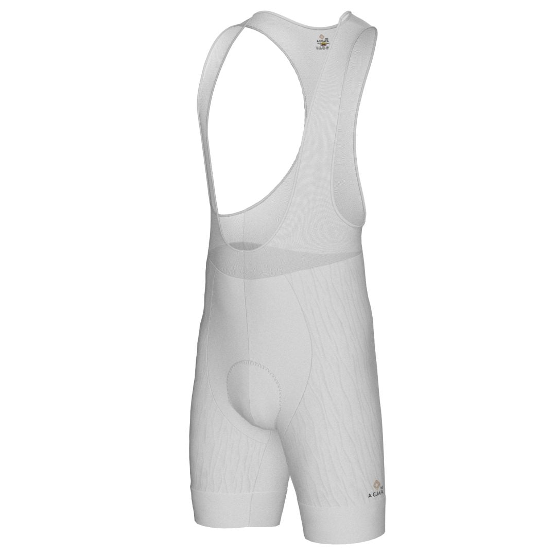 Licra corta de ciclismo blanca en tela grabada sin transparencias para hombre de la línea Pro con banda siliconada de A Guapa Bike.