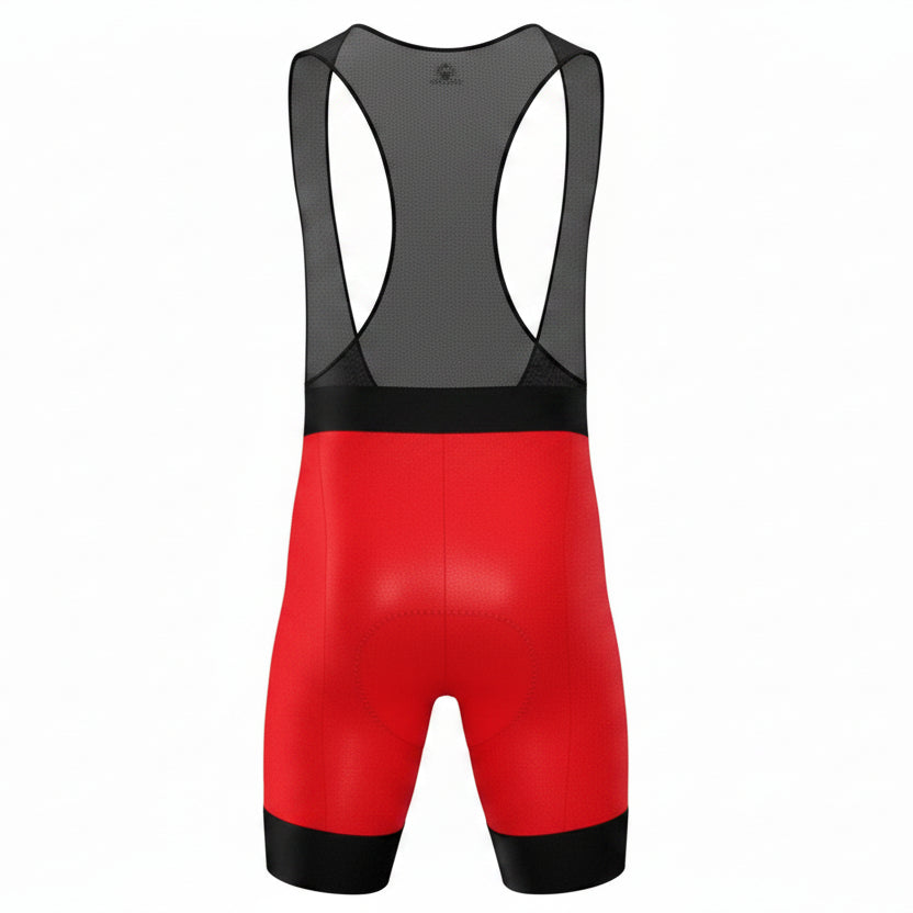 Licra corta de ciclismo roja para hombre de la línea Pro vista trasera con tirantes en red ultra transpirables de A Guapa Bike.