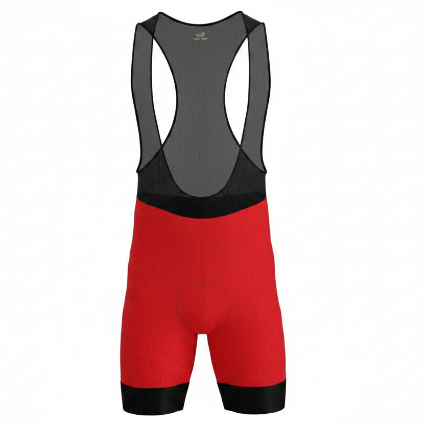 Licra corta de ciclismo roja para hombre de la línea Pro vista frontal con tirantes de malla de A Guapa Bike.