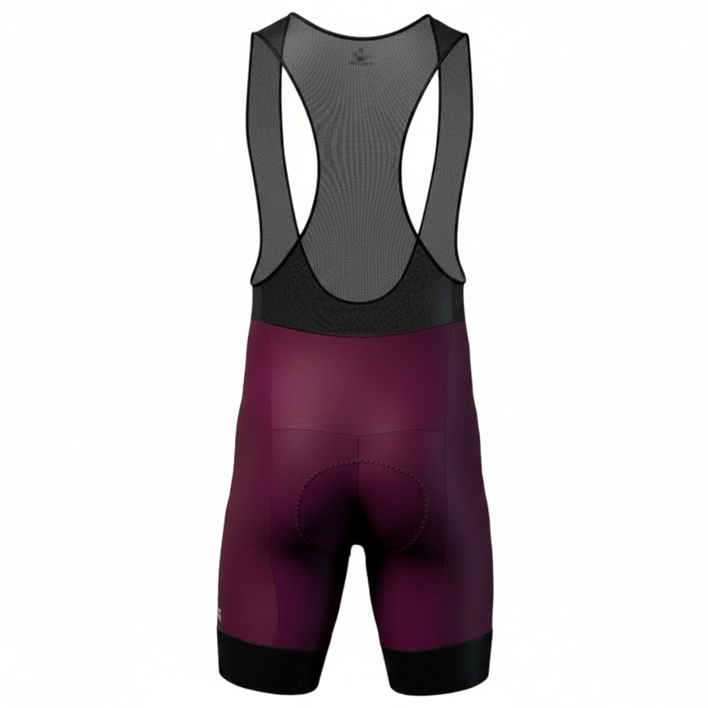 Licra corta de ciclismo vinotinto para hombre de la línea Pro vista trasera con tirantes en red ultra transpirables de A Guapa Bike.