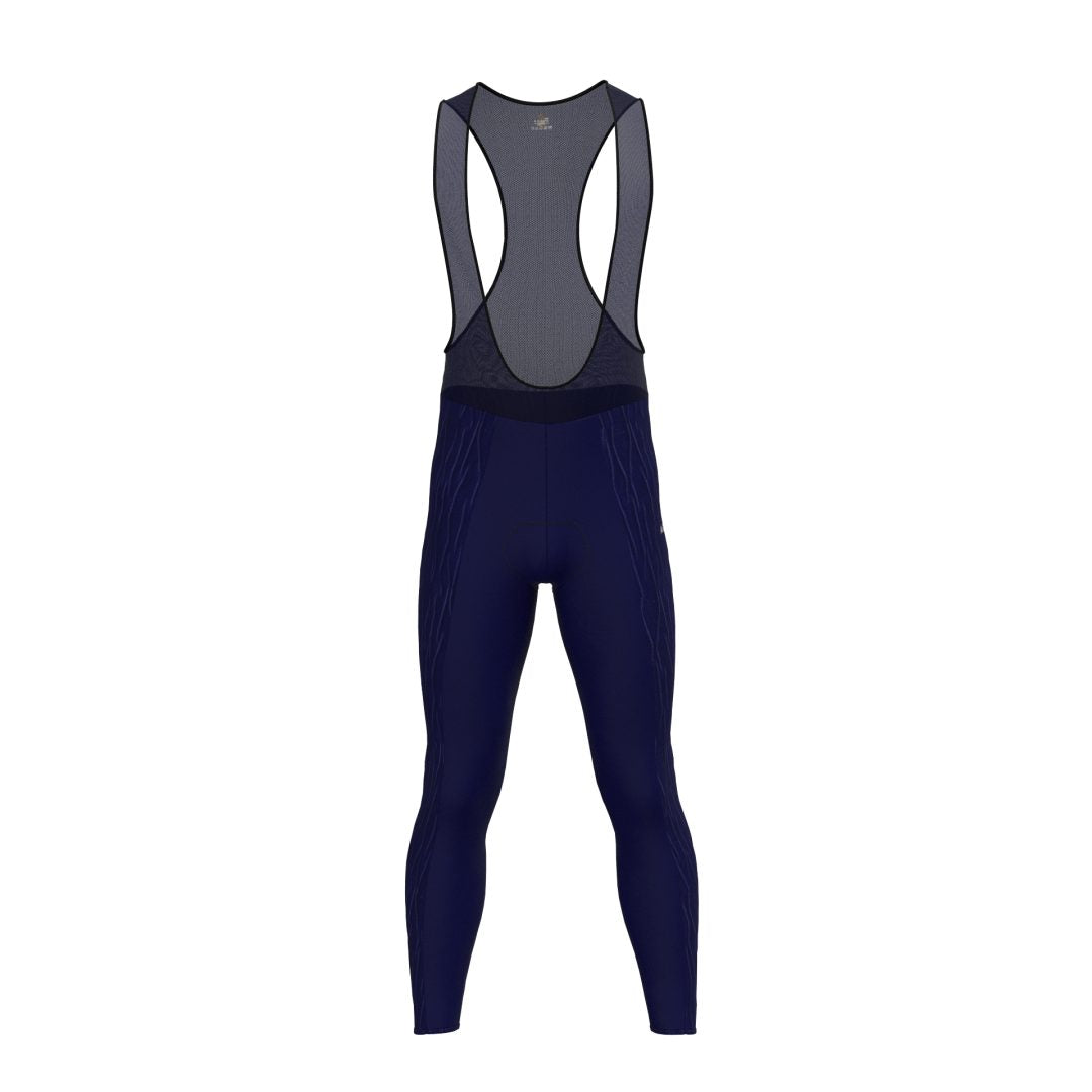 Licra larga de ciclismo azul oscuro para hombre de la línea Pro vista frontal con tirantes en malla de A Guapa Bike.
