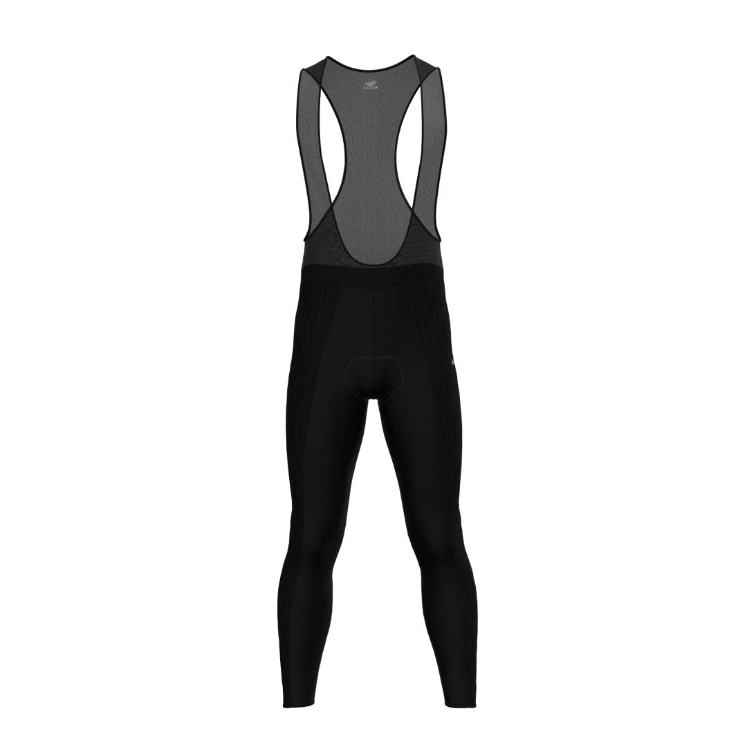 Licra larga de ciclismo negra para hombre de la línea Pro vista frontal con tirantes en malla de A Guapa Bike.