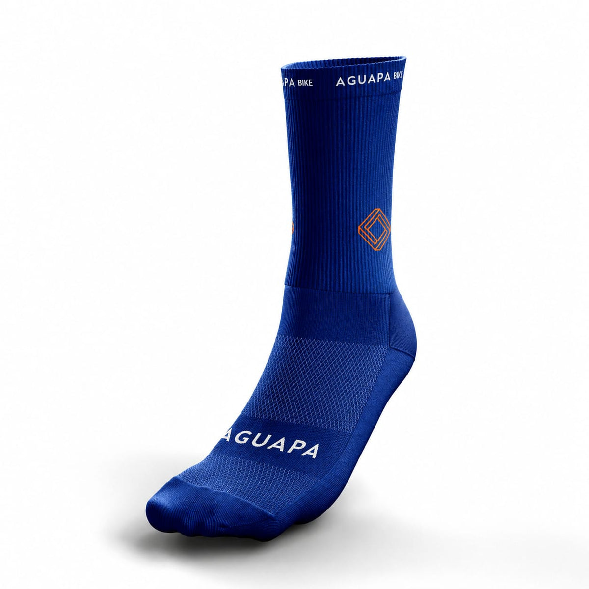 Medias de ciclismo azul oscuro para hombre y mujer con detalles en color naranja.